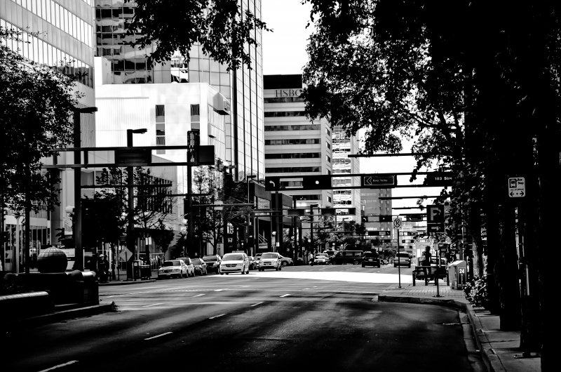 Black and white photo of downtown